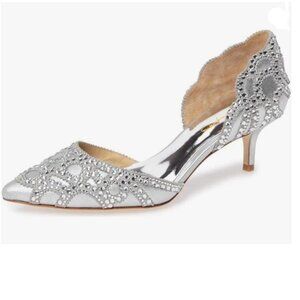 XYD Silver Pointed Toe D'Orsay Kitten Heel Rhinestone Studs Pump Slip-On Shoes